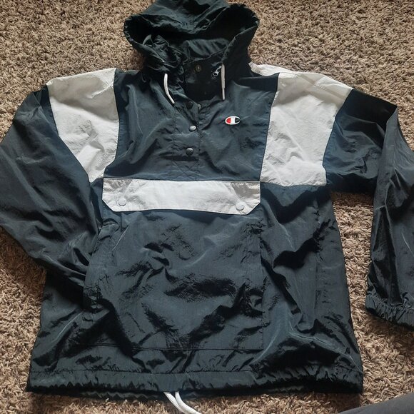 VTG Champion Windbreaker Black White 90s Y2k Hooded Pullover Kangaroo pocket - Picture 1 of 9